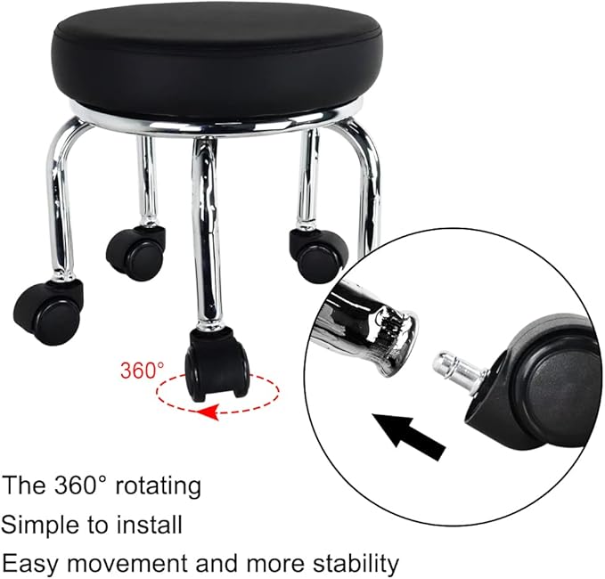 WKWKER Modern Roller Seat PU Leather Low Round Rolling Stool 360° Swivel Small Low Seat with Universal Caster Wheels Foot Stool for Home Office Garage Shop Fitness Sport H：12.4" （Black）