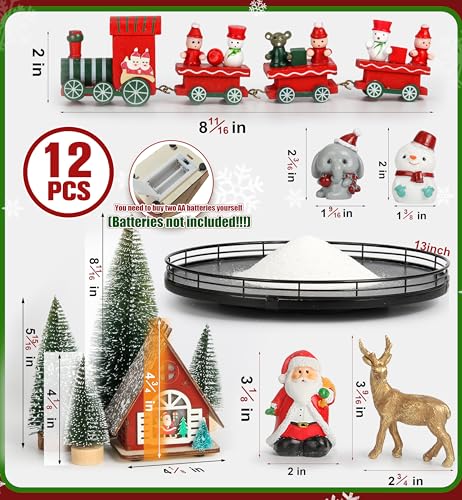 Oroyutor 12 Pcs Christmas Village Set - 13" Oak Wooden Lazy Susan with Santa Train, House & Trees – Indoor Christmas Cente...