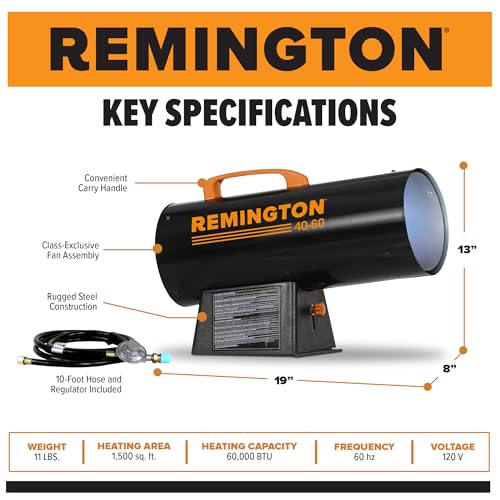 Remington LP Forced Air Heater, Portable 60,000 BTU Space Heater for up to 1500 Square Feet - Liquid Propane Gas Powered, ...