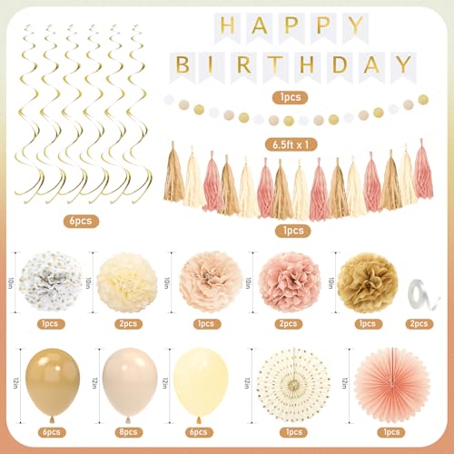 YTHETM Champagne Gold Fall Boho Birthday Decorations for Women Girls Beige Cream Neutral Party Decorations Happy Birthday ...