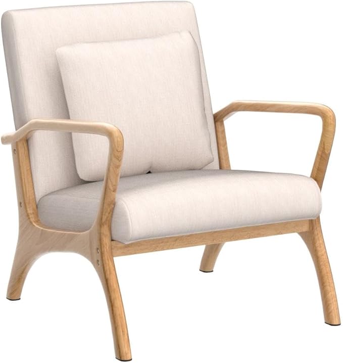 ELUCHANG Accent Chair with Lumbar Pillow,Mid-Century Modern Accent Chair Armchair, Linen Fabric Comfy Reading Chair Lounge Side Chair for Living Room Bedroom Apartment,Easy Assembly(Beige,2PCS)