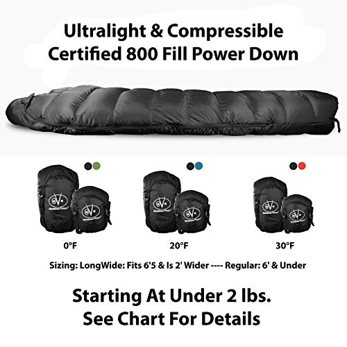 Outdoor Vitals Summit 침낭 800+ 필 파워 0.9kg(2파운드) 미만 초경량 배낭여행 미라 다운 침낭, 경량 하이킹 및 캠핑용