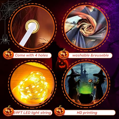 Lighted Witch Halloween Garage Door Decorations Banner - 7 x 16 ft Halloween Garage Door Cover with LED Light Strap, Large...