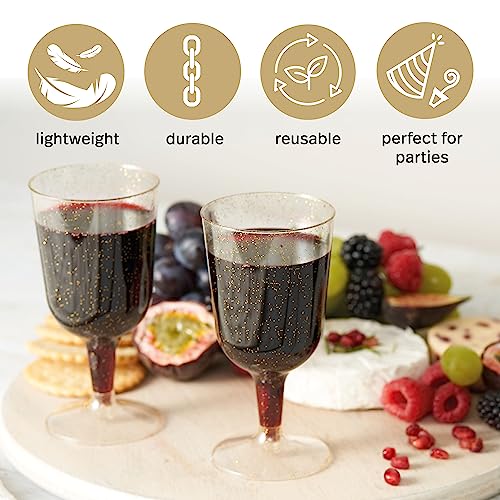 MATANA 50 Gold Glitter Plastic Wine Glasses for Weddings, Birthdays, Bridal Shower & Parties, 6oz - Sturdy & Reusable