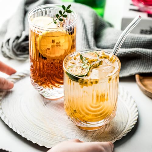 Art Deco Cocktail Glasses, Ribbed Drinking Glasses Set Of 8,14 oz Highball Glasses & 12 oz Cocktail Glasses Set, Kitchen W...