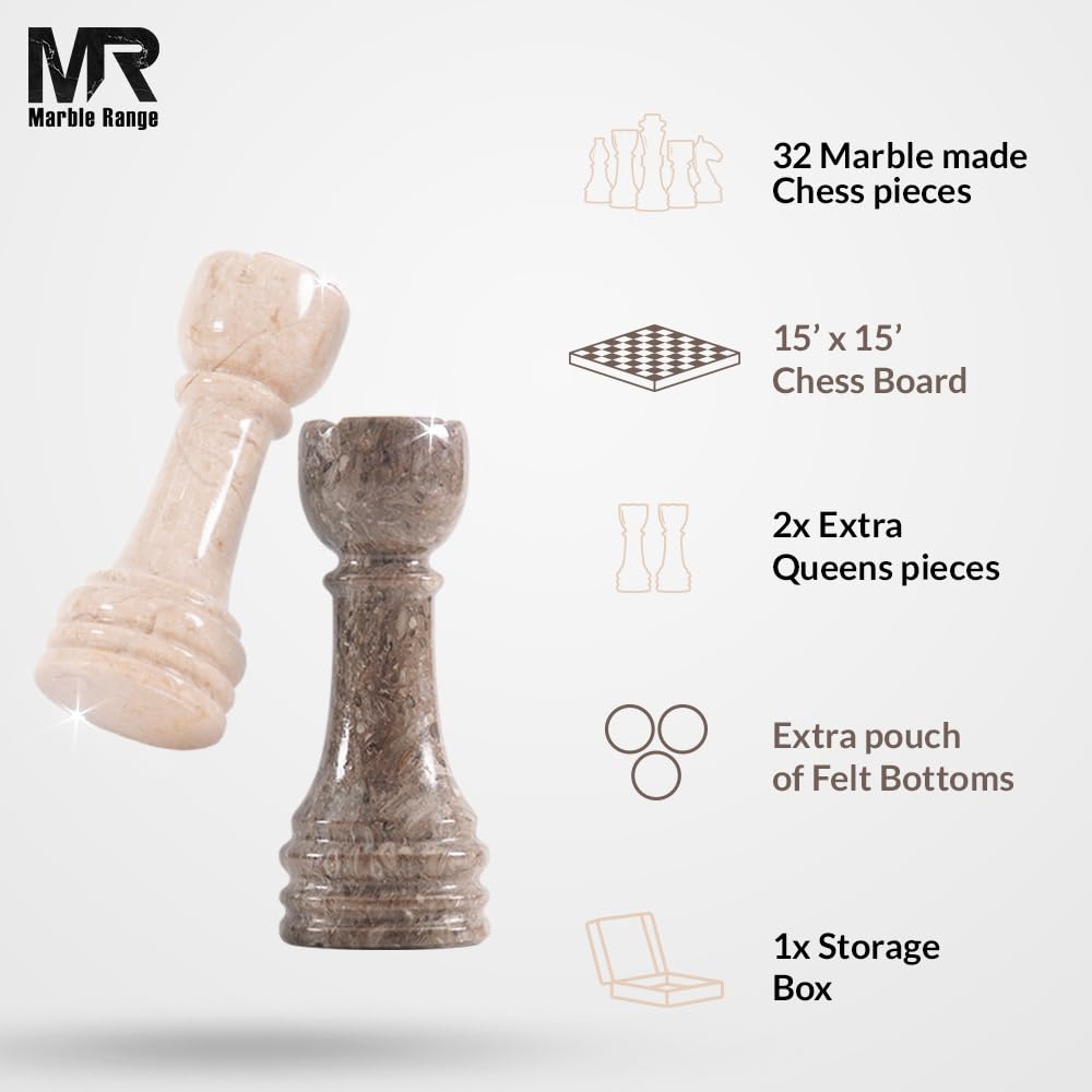 Marble Chess Set for Adults 15" Handmade Oceanic & Verona Board Game with 32 Chess Pieces, 2 Extra Queens & Storage Box, Luxury Travel Game – Elegant Home Décor