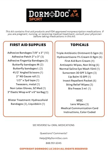 DormDoc Sports Pack First Aid Kit – Compact Emergency Medical Kit for Sports – with Bandages, OTC Medicines for Relief, Ga...