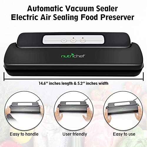 NutriChef Automatic Handheld Sealer Vacuum Machine -Storage for Dry or Moist Product Home Kitchen Heat Sealing System -Simple & Compact Fresh Saver Meal -Food Plastic Roll Bag Starter Kit -AZPKVS10BK