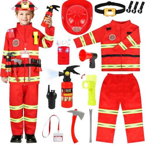 HUUIDY Firefighter Costume for Kids, Fireman Costume with Firefighter Tools, Fire Extinguisher, Helmet Light, Right Angle ...