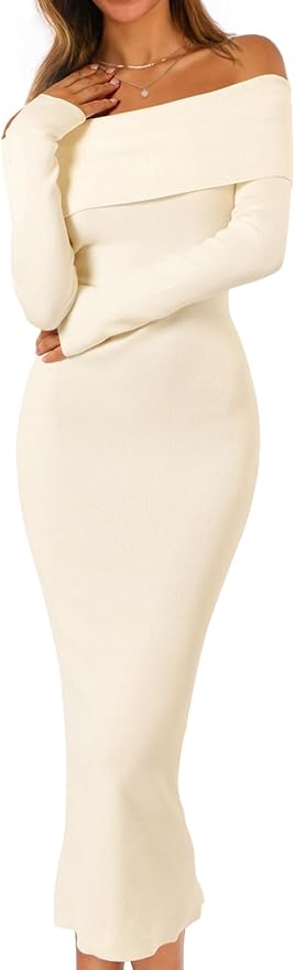 MEROKEETY Women's Winter Off Shoulder Bodycon Sweater Dress 2026 Spring Formal Long Sleeve Elegant Club Party Midi Dresses