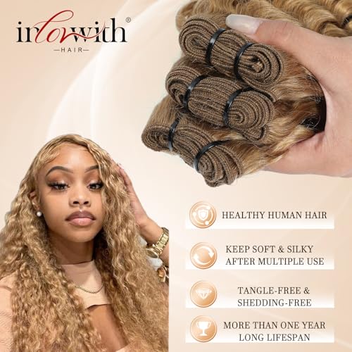 inlovwith Honey Blonde Deep Wave Human Hair Bundles, Selected Healthy Deep Curly Bundles Human Hair 27# Colored Brazilian Virgin Hair Wet and Wavy (Single Bundle, 30 Inches)