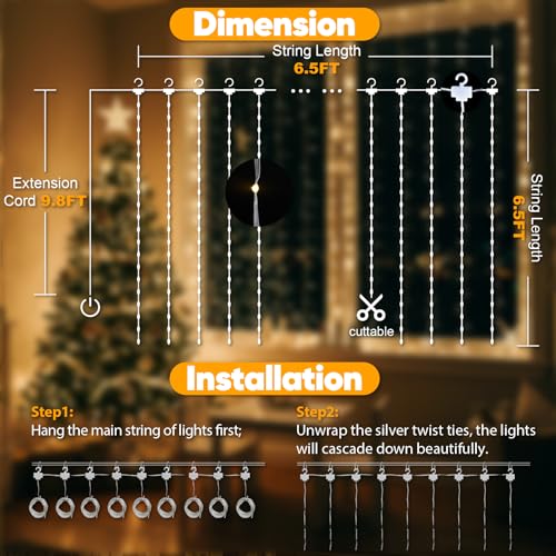 suddus Curtain Lights Upgrade Untangled Wires,200 LED Hanging Lights with Hook, Waterproof Window Lights for Christmas, Do...