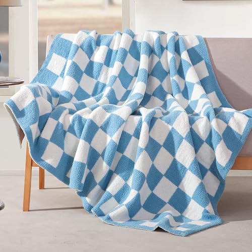 Elegant Comfort Checkered Throw Blanket, Aqua Super Soft Cozy Fluffy Warm Throw Blankets for Couch, Sofa, Chair, Bed, Camp...