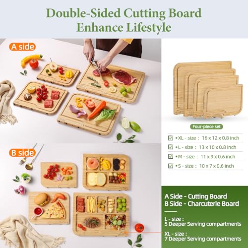 4-PCS Bamboo Cutting Board Set with Innovative Stand - Durable Double Sided Wooden Cutting Board with Juice Groove & Handl...