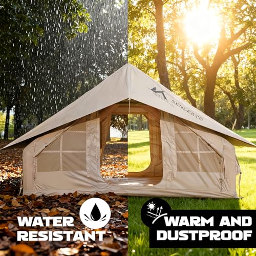 Inflatable Camping Tents 8-10 Person,129 Square Feets Large Inflatable Camping Tent with Stove Jack,Blow up Tent with Mesh...