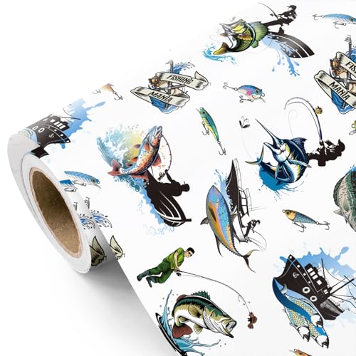 WRAPAHOLIC Fishing Wrapping Paper - Mini Roll - 17 Inch x 16.5 Feet - Adventure Fishing Birthday Wrapping Paper Perfect fo...