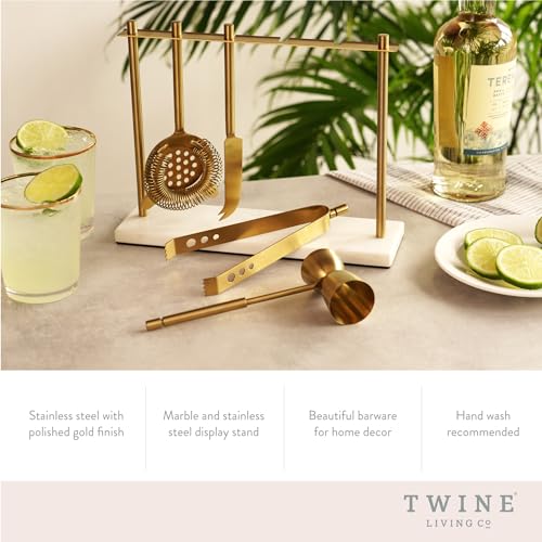 Twine Bar Tool Set Includes Hawthorne Strainer, Citrus Knife, Ice Tongs, Double Jigger with Marble Display Stand for Class...