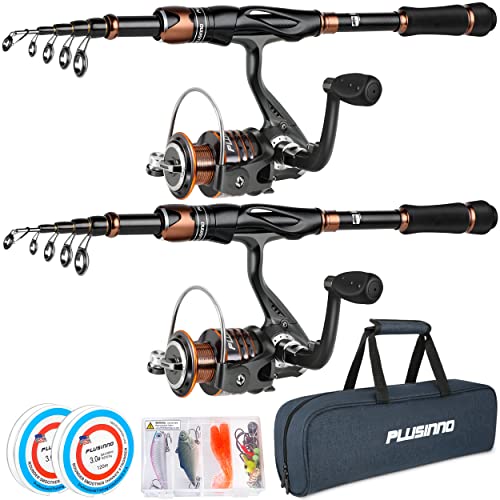 PLUSINNO Fishing Rod and Reel Combos, Bronze Warrior Toray IM6 Carbon Matrix Telescopic Fishing Rod Pole, 12 +1 Shielded B...