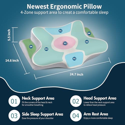 Cervical Neck Pillow - Ergonomic Side Sleeper Pillow for Pain Relief, Contour Cervical Pillow for Sleeping, Memory Foam Pi...
