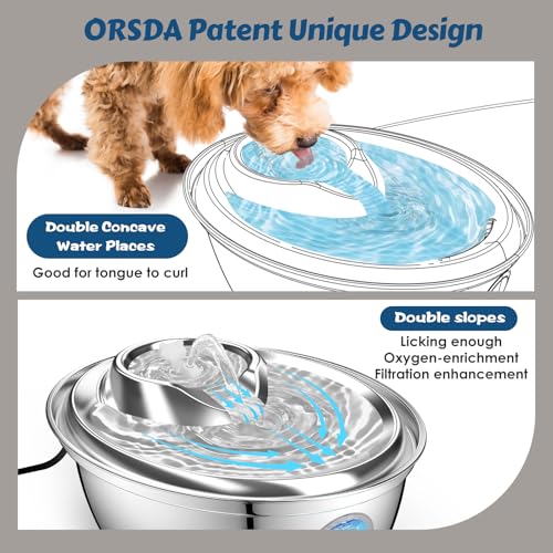 ORSDA Stainless Steel Cat Water Fountain, 100oz/3L Automatic Pet Drinking Fountain, Dog Water Dispenser Bowl with LED Wind...