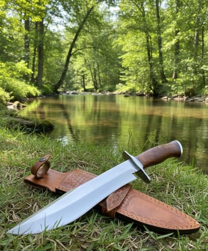 Handmade D2 Steel 15 Inch Bowie Knife with leather sheath - Survival Hunting knife with steel Guard, Rosewood Handle Ideal...