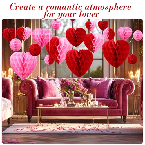 Yexiya 36 Pcs Valentine Heart Honeycomb Decorations Pom Poms Honeycomb Ball Paper Decorations Heart Tissue Paper for Valen...