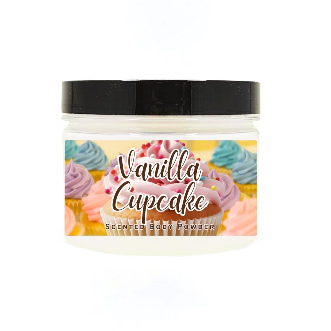 Body Powder for Men & Women Scented Vanilla Cupcake, Bath Perfume Dusting Powder with Fragrance & Essential Oils, Talc Free 8oz Container, Made in USA