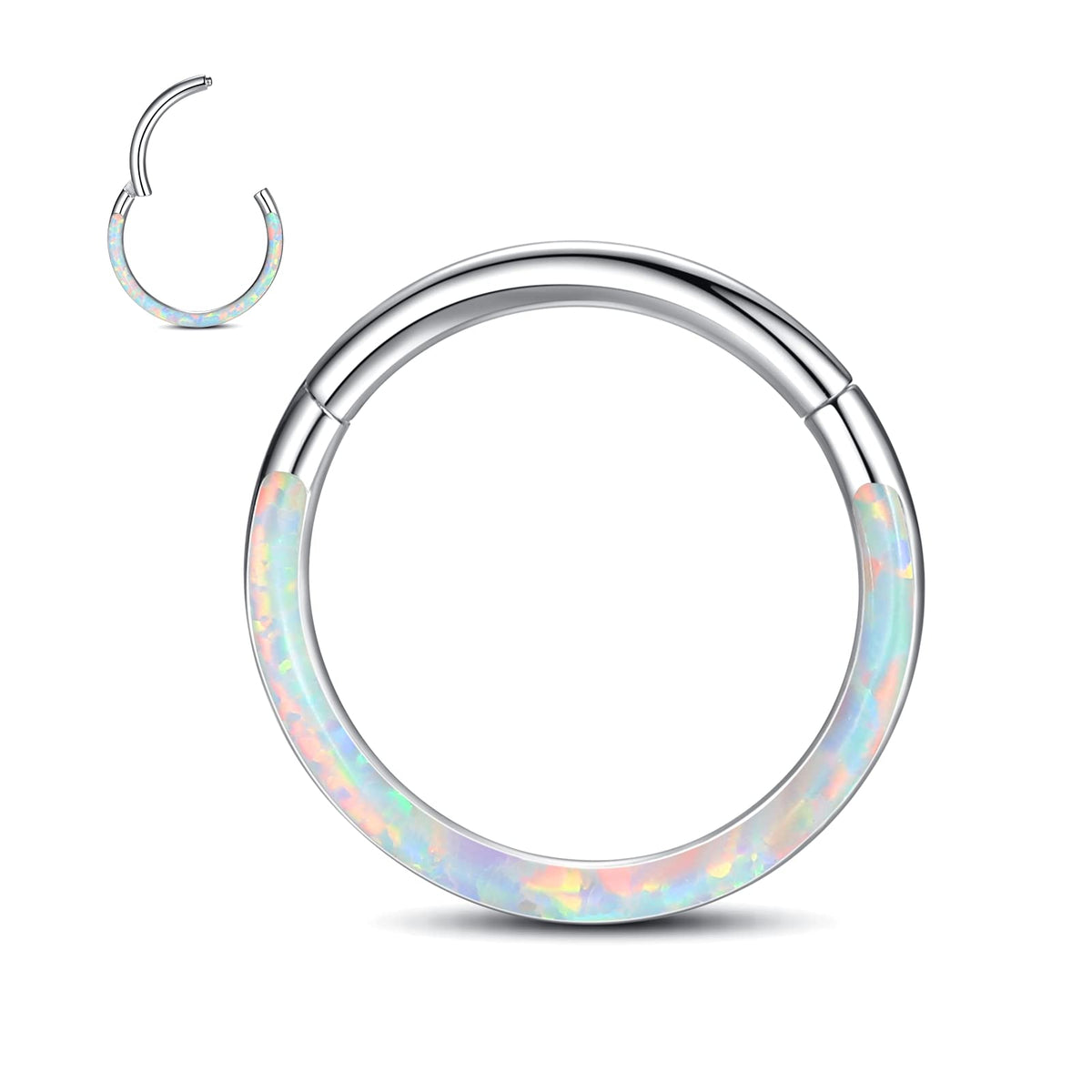 WBRWP 316L Stainless-Steel Flat-Piercing-Ring Hinged Nose-Rings-Hoop with White Opal 20G(0.8mm) Segment Clicker Lip Rings Daith