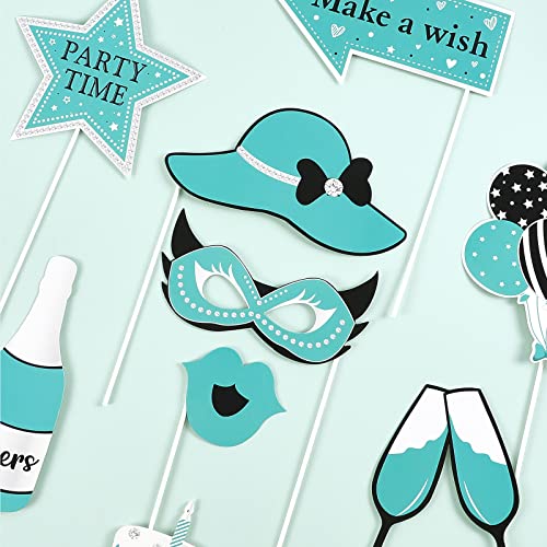 Fangleland 24PCS Turquoise Birthday Photo Booth Props, Teal Blue Happy Birthday Decorations with Forever Young Selfie Pict...