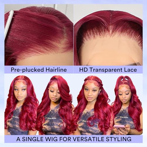 24 Inch 99j Burgundy Lace Front Wigs Human Hair 13x4 HD Red Burgundy Body Wave Wig Human Hair 200 Density Body Wave Lace Front Wigs Pre Plucked Glueless Frontal Wigs for Women