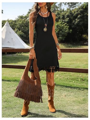 Verdusa Women's Western Fringe Tank Dresses Cowgirl Sleeveless Short Summer Dress