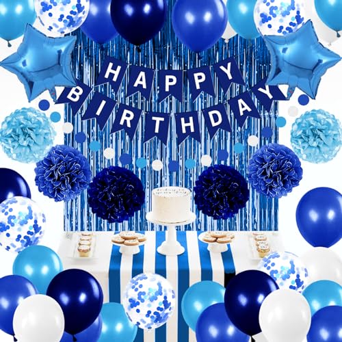 Iysoll Blue Birthday Party Decorations for Boys Men Happy Birthday Banner Balloons Navy Royal Light Blue Pom Poms Foil Cur...