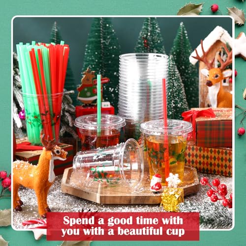 Blushtier 100 Pcs Christmas Plastic Cups Disposable with Lids and Straws 12 oz Christmas Holly Party Cups Clear Drinking C...