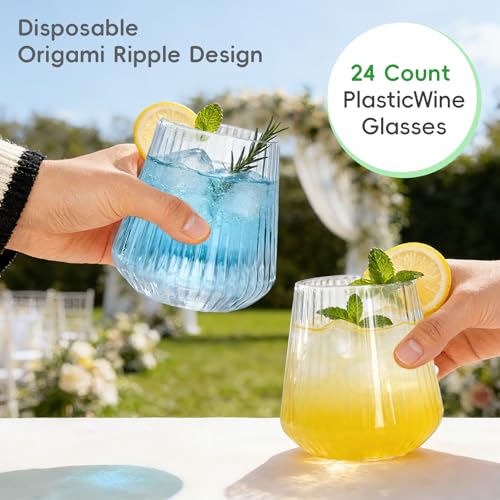 N9R 24 Count Plastic Wine Glasses Disposable 12oz - Elegant Origami Ripple Design, Shatterproof & Disposable for Whiskey, ...
