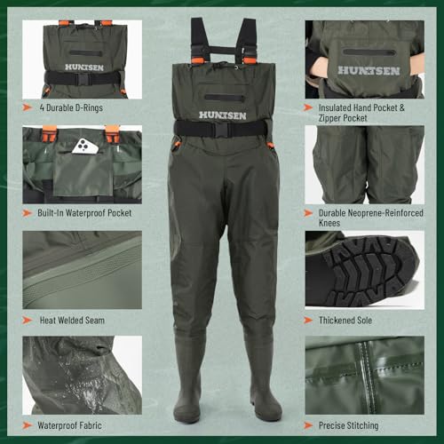 HUNTSEN Fishing Waders for Men Women - 2-Ply Nylon/PVC Waterproof Hunting Chest Waders with Boot Hanger&Phone Case, Size10-12