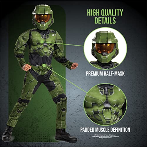 Halo Infinite Master Chief Costume, Kids Size Muscle Padded Video Game Inspired Character Jumpsuit