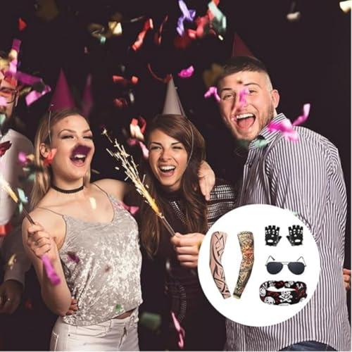Svzadipe 7 Pcs Rocker Costume Men's Curls Disco Party with Wigs Sunglasses Beards Sleeves Gloves Headscarves for 70s 80s 90s