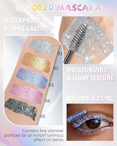 Silver Glitter Mascara for Eyelashes, Waterproof Diamond Sparkle Colored Mascara Volume and Length, Washable Define Long L...