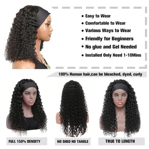 Prisyfab Curly Headband Wig Human Hair 20Inch Human Hair Headband Wig Glueless Wear and Go Human Hair Scarf None Lace Front Wigs 150% Density Natural Color