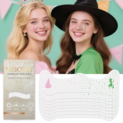 MEICOLY Halloween Glitter Freckles Witch Tattoos,Elphaba Accessories Friendship Green Witch Pink Princess Stickers for Wic...