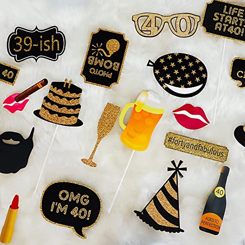 Adult 40th Birthday Photo Booth Props(41Pcs) for Her Him Cheers to 40 Years Birthday Party, Gold and Red Decorations,40th ...