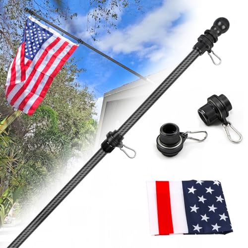 HIBLE Carbon Fiber Flag Pole for House 5 FT Black Flag Pole with 2x3 FT Nylon US Flag and Built-in Bearings Tangle Free Ro...