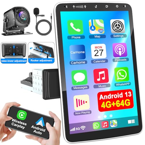 10 Inch Single Din Car Stereo Wireless CarPlay Android Auto Rotatable Touchscreen Android CarPlay Radio Bluetooth FM GPS N...