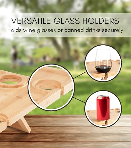 Outdoor Wine Picnic Table, Wooden Folding Picnic Table with Glass Holder, Bamboo Wine Glass Snack Tray for Indoor & Outdoo...