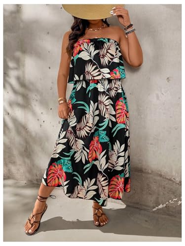Verdusa Women's Plus Size Tropical Strapless Tube Dress Ruffle Layered Maxi Dresses