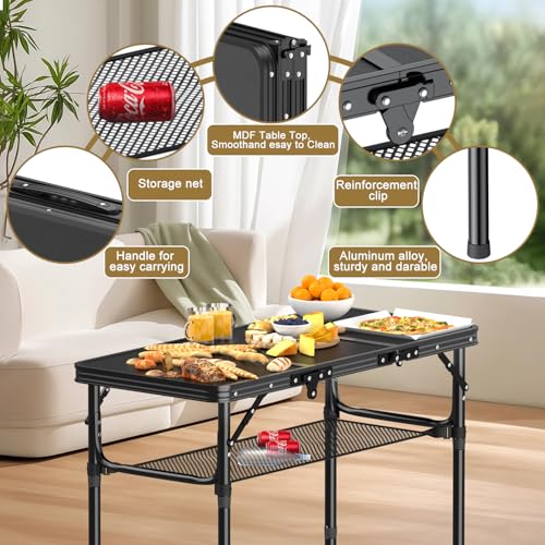 Folding Camping Table, 3 FT Folding Portable Camping Table, Outdoor&Indoor Picnic Table with 3 Adjustable Height Max 27....