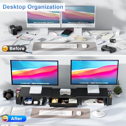 gianotter Dual Monitor Stand Riser, Desk Organizer With Drawer and 2 Pen Holders, Computer Monitor Stand, Shelf for Top of...
