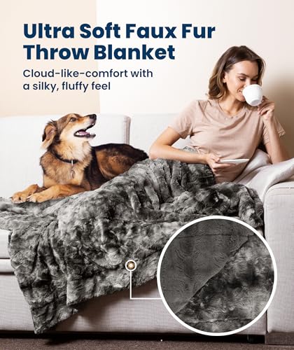 Everlasting Comfort Soft & Comfortable Gray Faux Fur Throw Blanket for Couch - (50"x65") Minky & Fluffy Fall Blankets & Th...