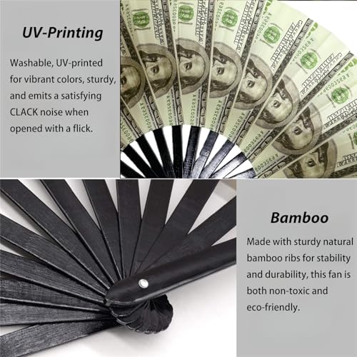 YKuzLx 13‘’ UV Glow Large Rave Fan for Men Women, Decorative Folding Hand Fan for Party, Home Decoration, Gift, Music Fest...
