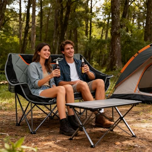 FAIR WIND Oversized Fully Padded Camping Chair Folding Loveseat Camping Couch Double Duo Chair Heavy Duty Quad Fold Arm Ch...
